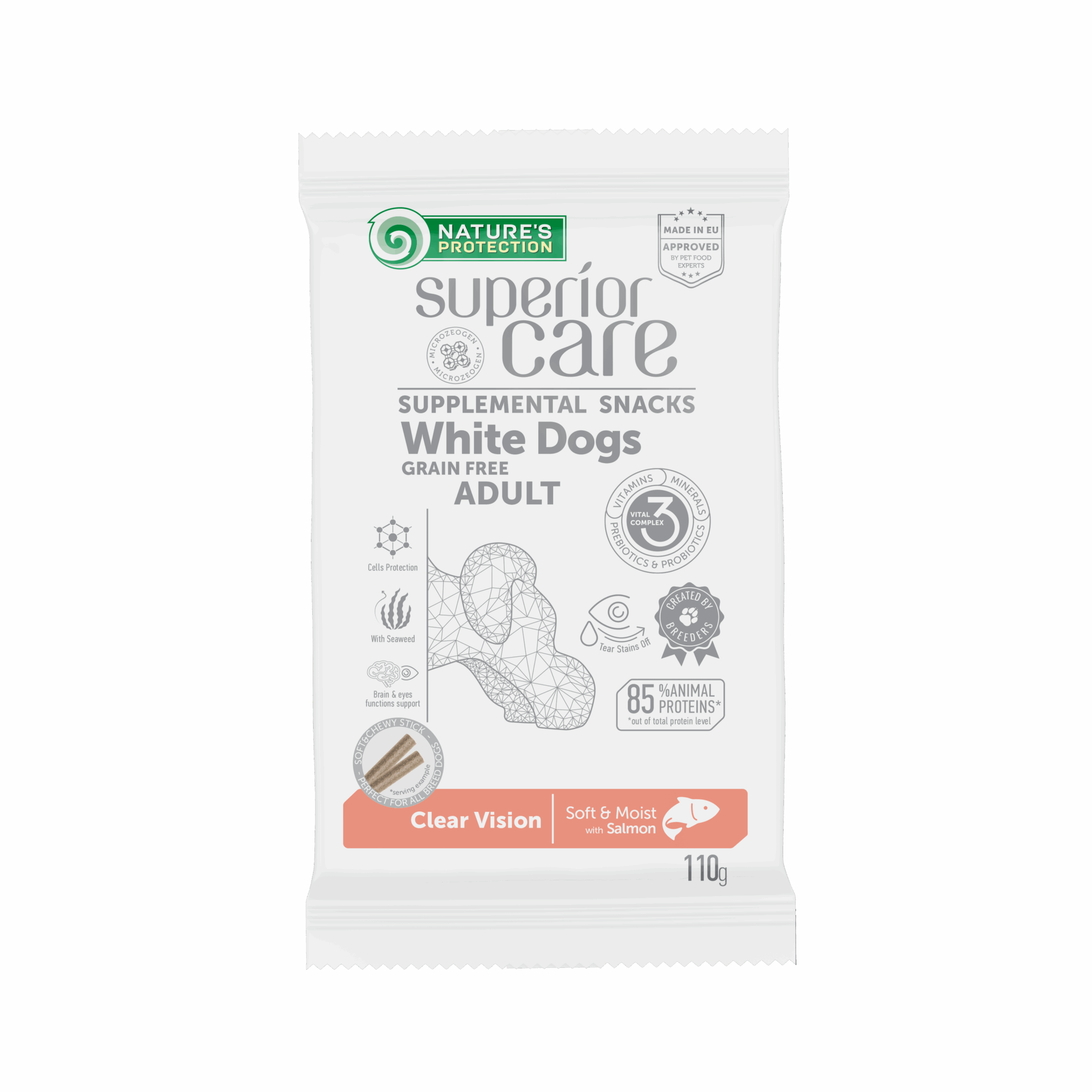 Snacks with salmon for adult dogs with white and light coat